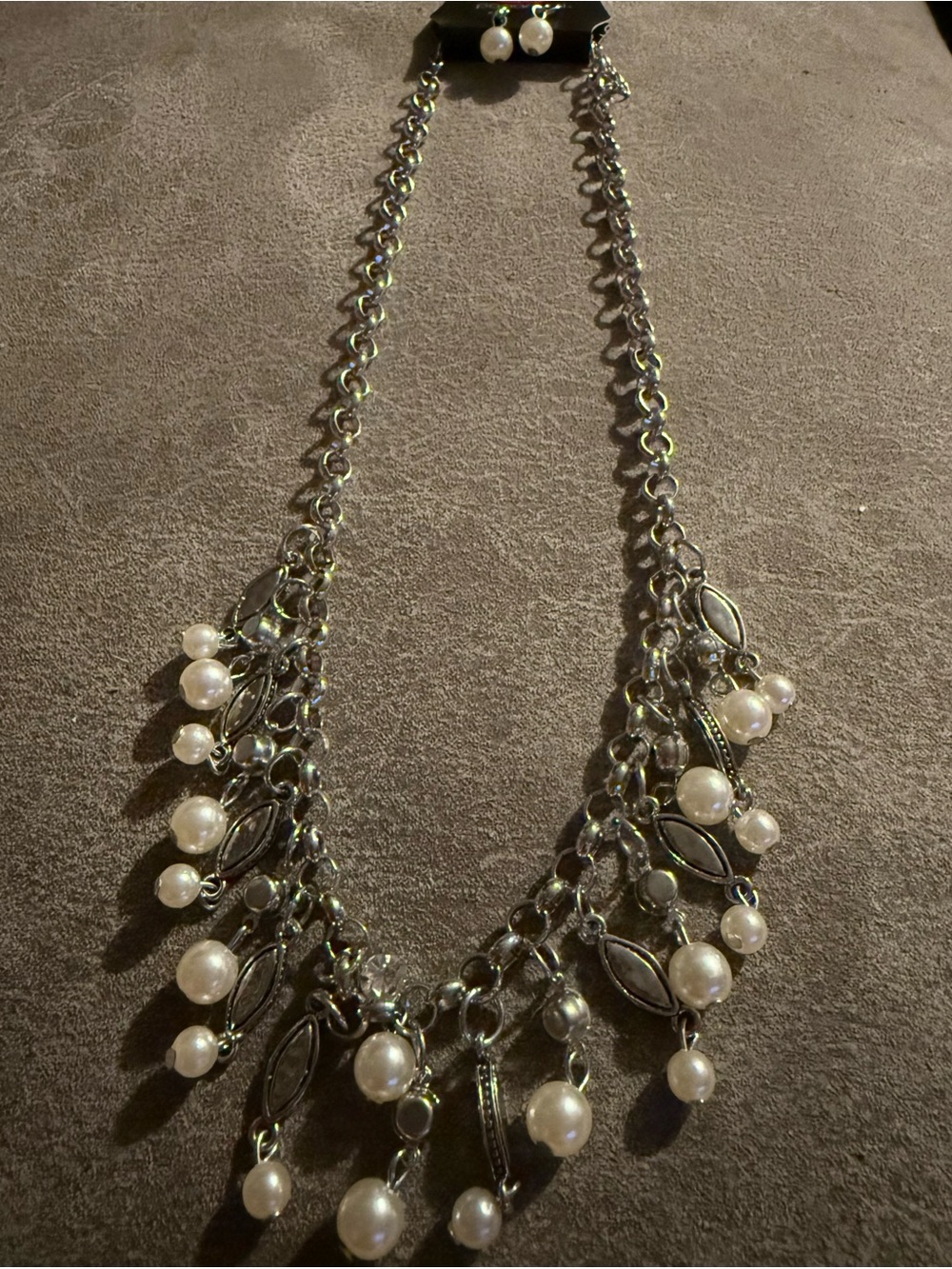 Pearl Drop Statement Necklace - Silver Tone